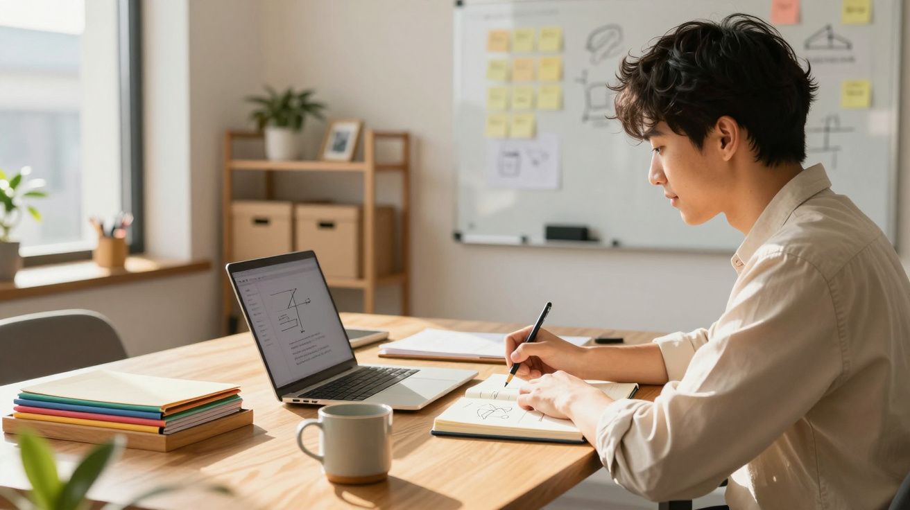 Homem a estudar com portátil e caderno numa mesa com livros e caneca num ambiente de escritório.
