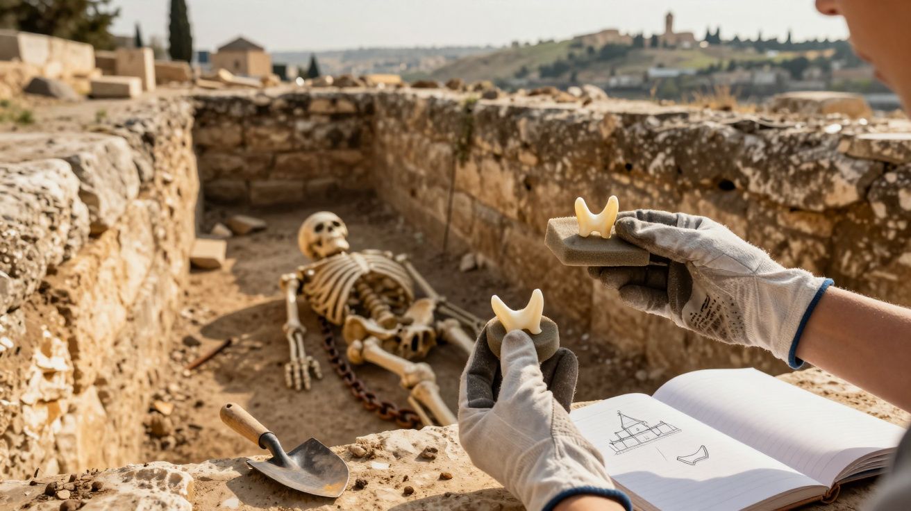 Escavação arqueológica com esqueleto humano e pesquisador a analisar peças ósseas junto a caderno de anotações.