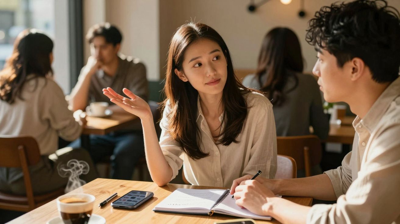 Jovem mulher a conversar com homem, ambos sentados numa mesa com cadernos e café num ambiente de café.