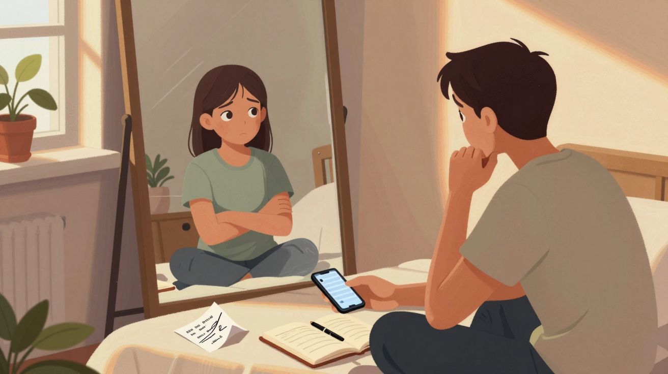 Desenho de rapaz a olhar para o telemóvel refletindo a rapariga preocupada no espelho.