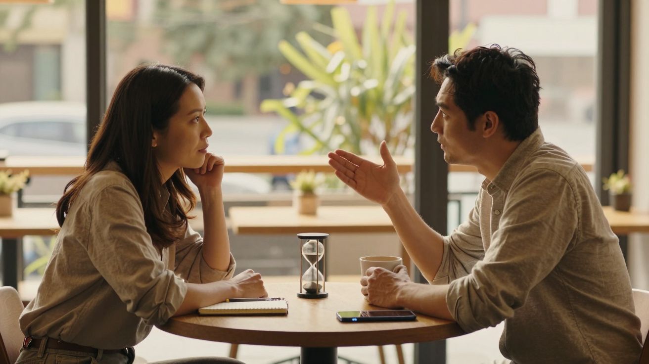 Duas pessoas conversam sentadas numa mesa redonda com um relógio de areia no centro, em ambiente acolhedor.