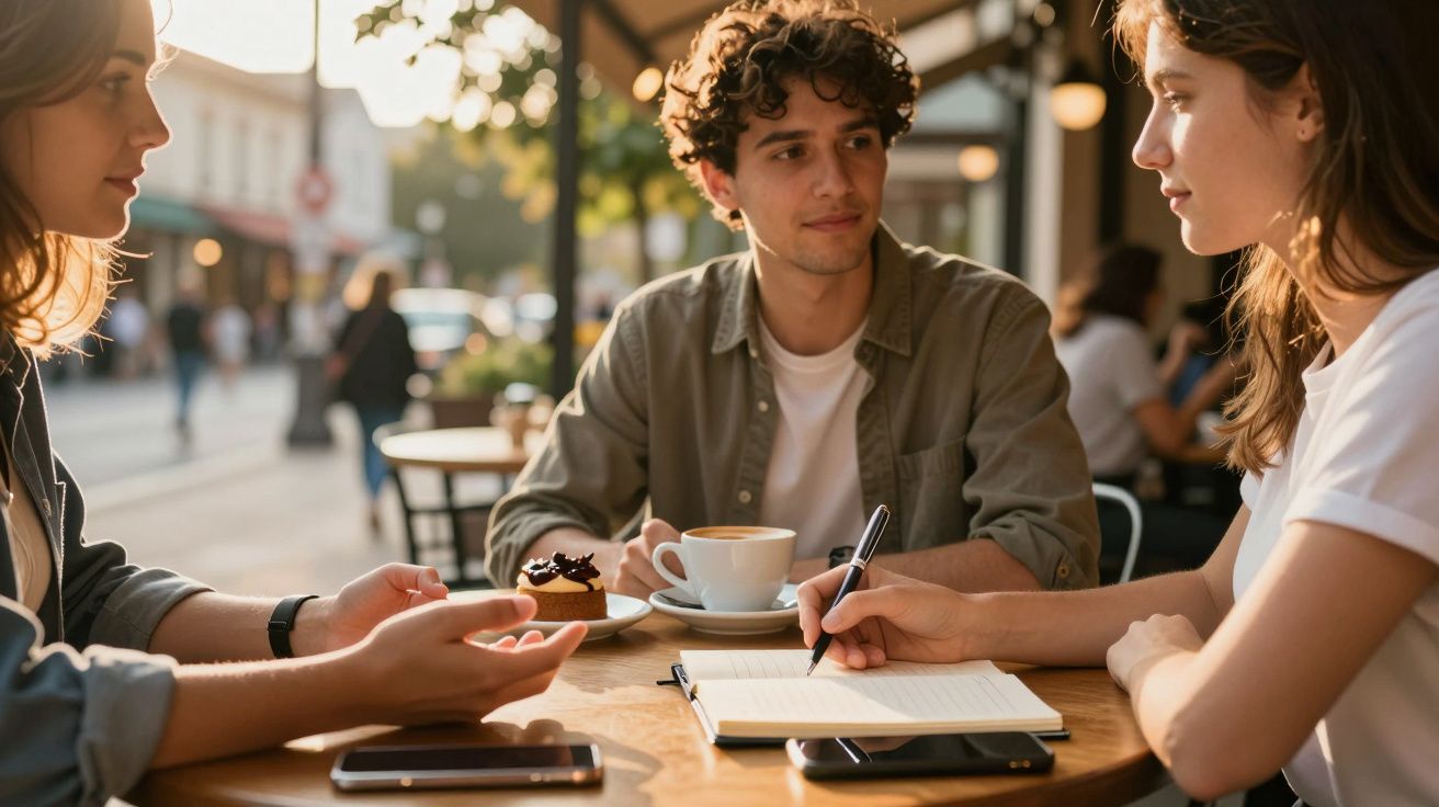 Três jovens sentados num café ao ar livre, conversando e a escrever num caderno com café e sobremesa na mesa.