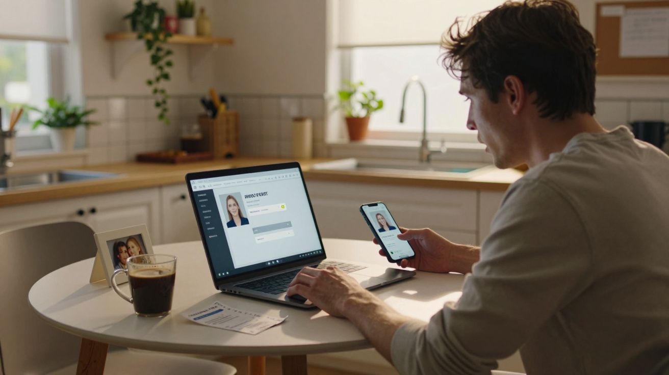 Homem a trabalhar em computador e telemóvel numa mesa redonda numa cozinha iluminada.