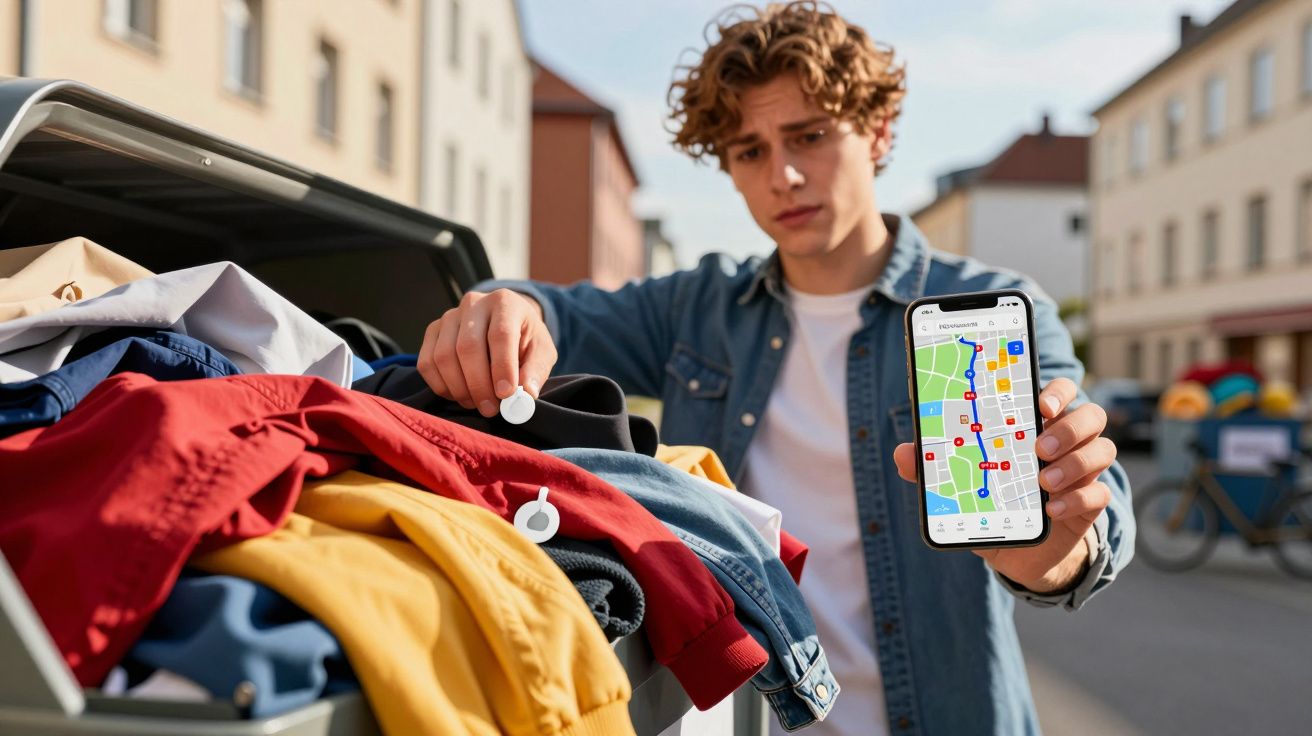 Jovem segura um smartphone com mapa e coloca sensor de rastreamento em roupa num contentor de roupa usada na rua.