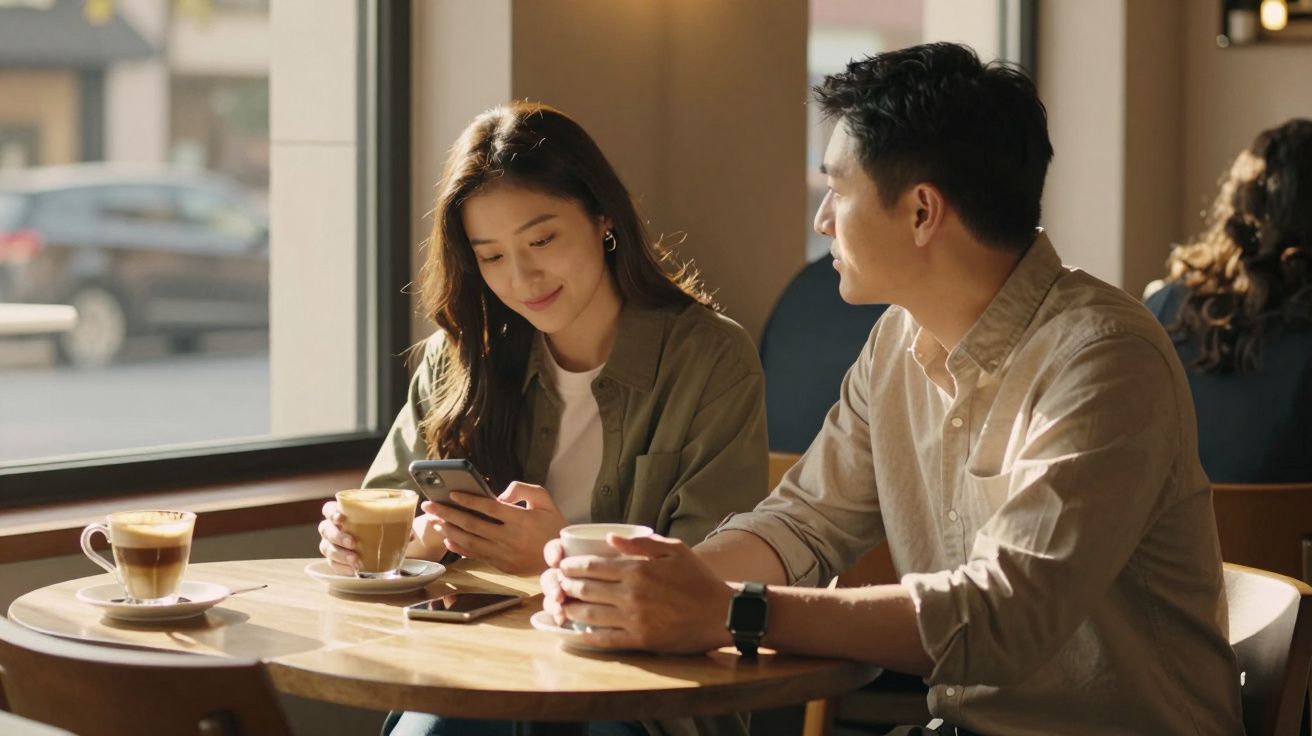Casal sentado numa mesa de café, ela usa o telemóvel e ele segura uma chávena, luz natural entra pela janela.