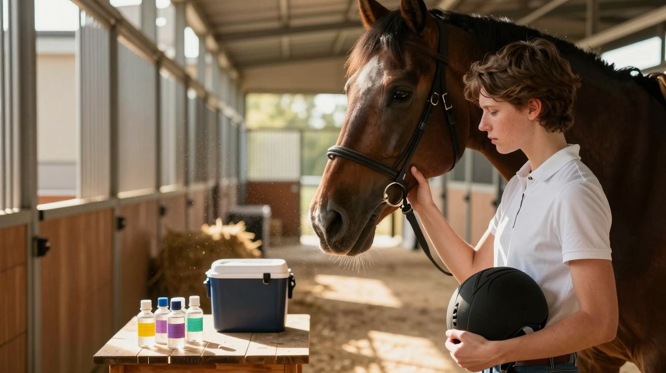 Pessoa jovem segura capacete junto a cavalo em estábulo com medicamentos numa mesa ao lado.