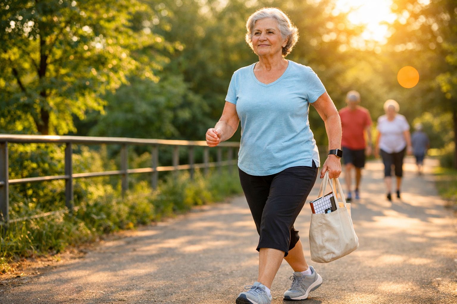 Senhora sénior a caminhar num parque com roupa desportiva e bolsa, ao final da tarde.