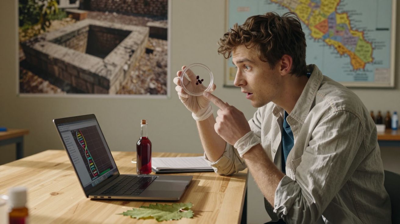 Homem jovem a analisar amostras numa placa de Petri enquanto trabalha num laboratório com laptop aberto.