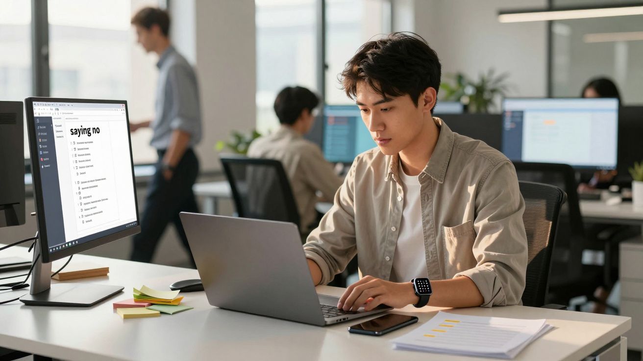 Homem jovem a trabalhar concentrado no portátil numa mesa de escritório moderno com colegas ao fundo.