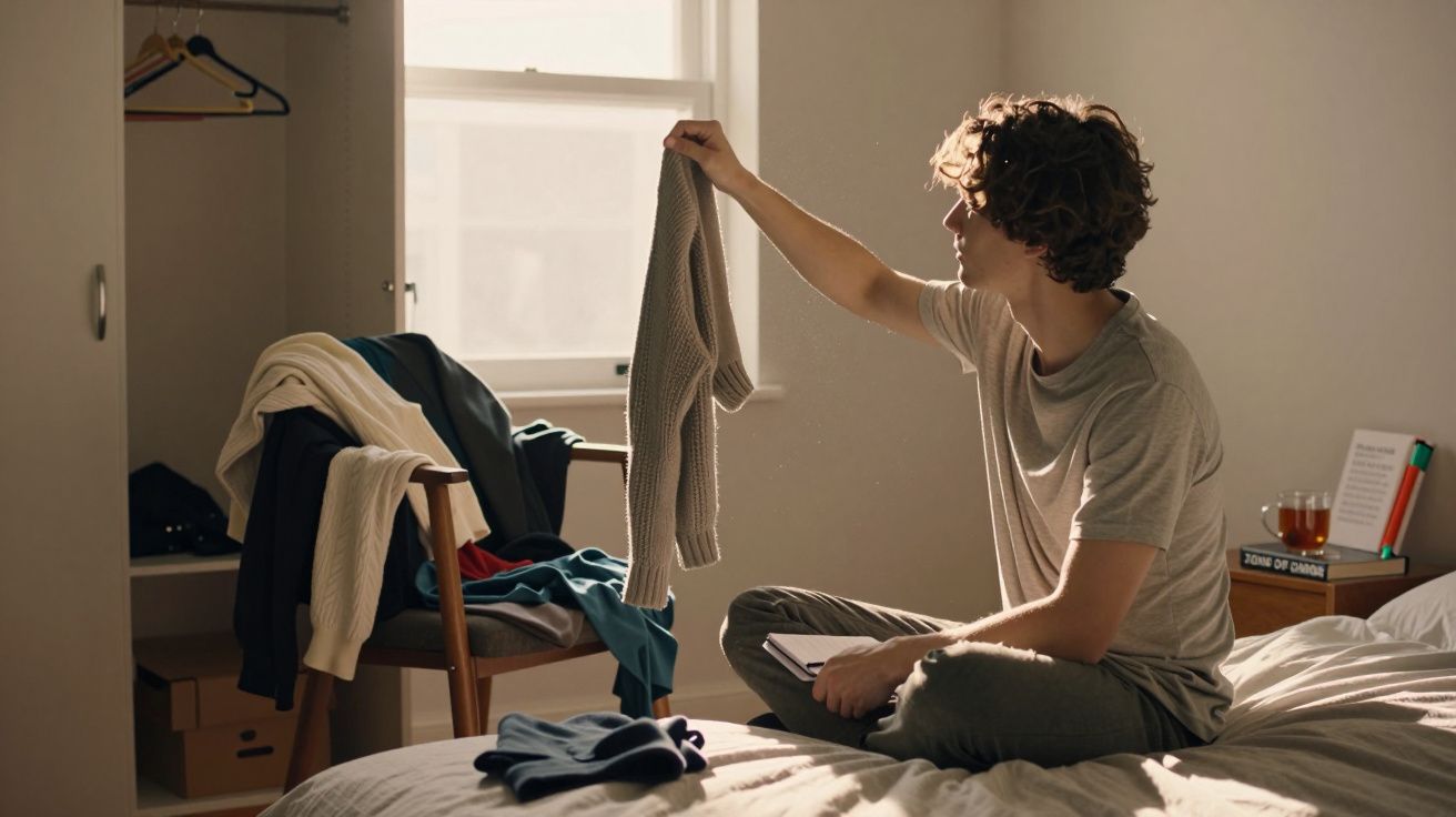 Jovem sentado na cama a segurar uma peça de roupa, com cadeira e janela ao fundo iluminada pela luz do dia.