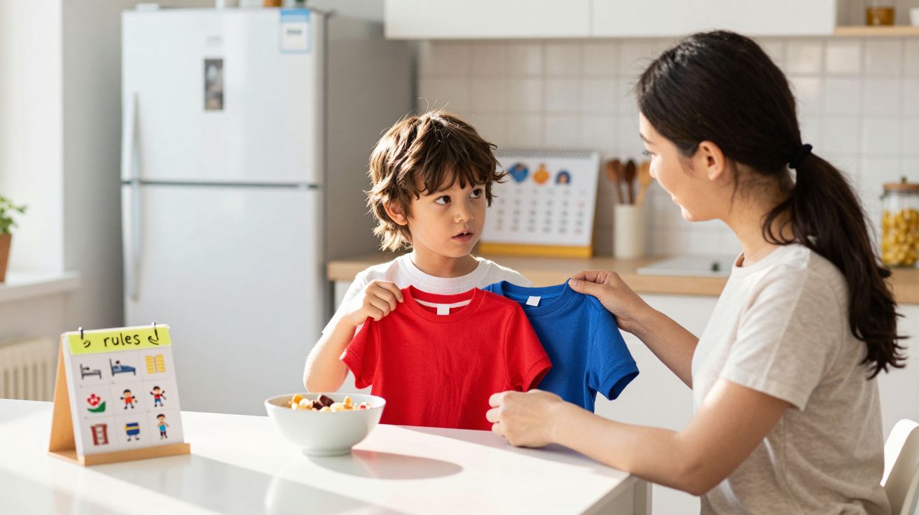 Criança sentada à mesa a escolher entre duas t-shirts coloridas com mulher na cozinha.