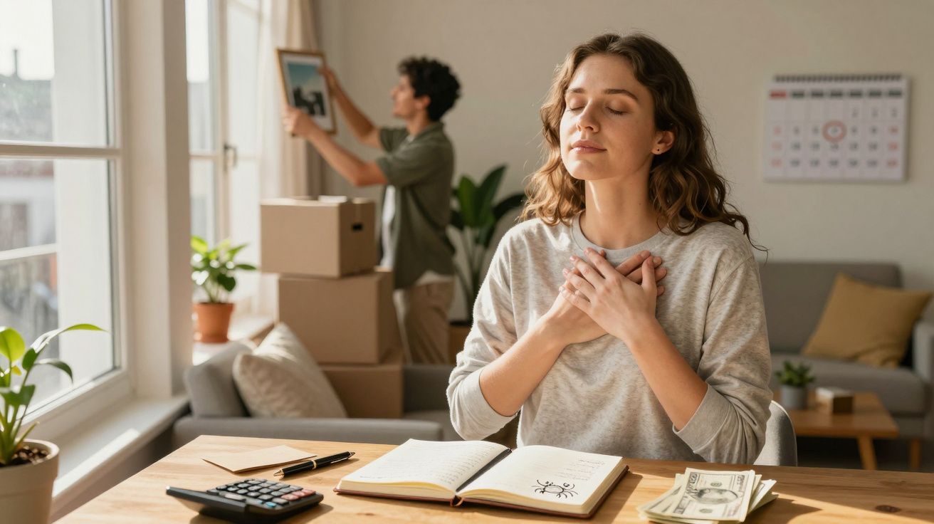 Mulher sentada com olhos fechados e mãos no peito, homem a pendurar quadro, caixas de mudança ao fundo.