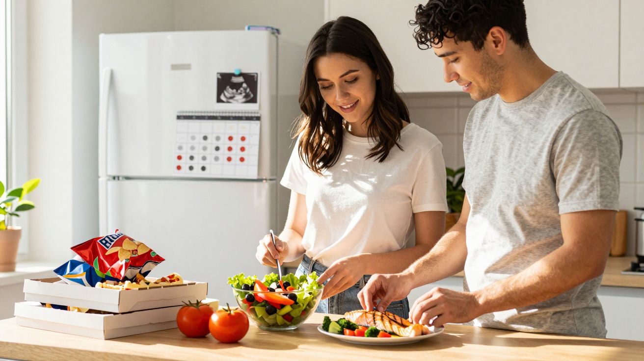 Casal jovem prepara e serve refeição saudável numa cozinha moderna e luminosa.