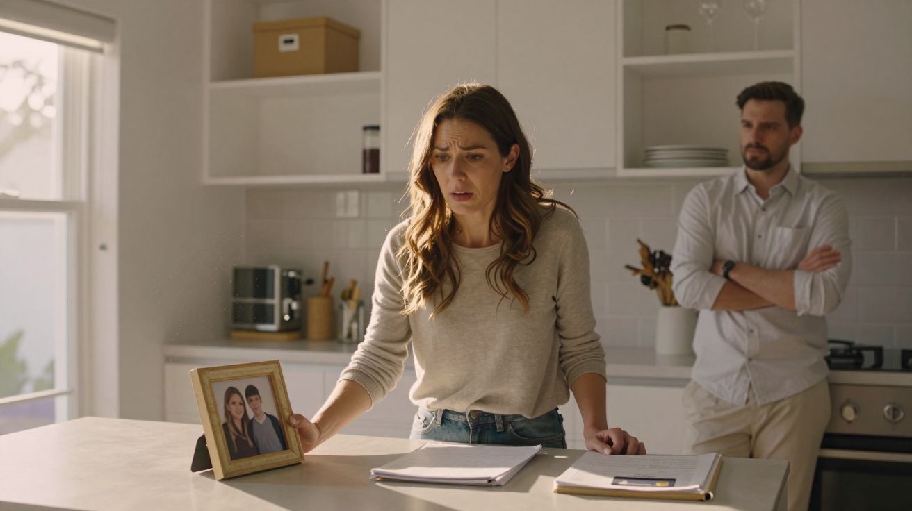 Mulher preocupada segura foto e homem observa com ar sério numa cozinha moderna iluminada.