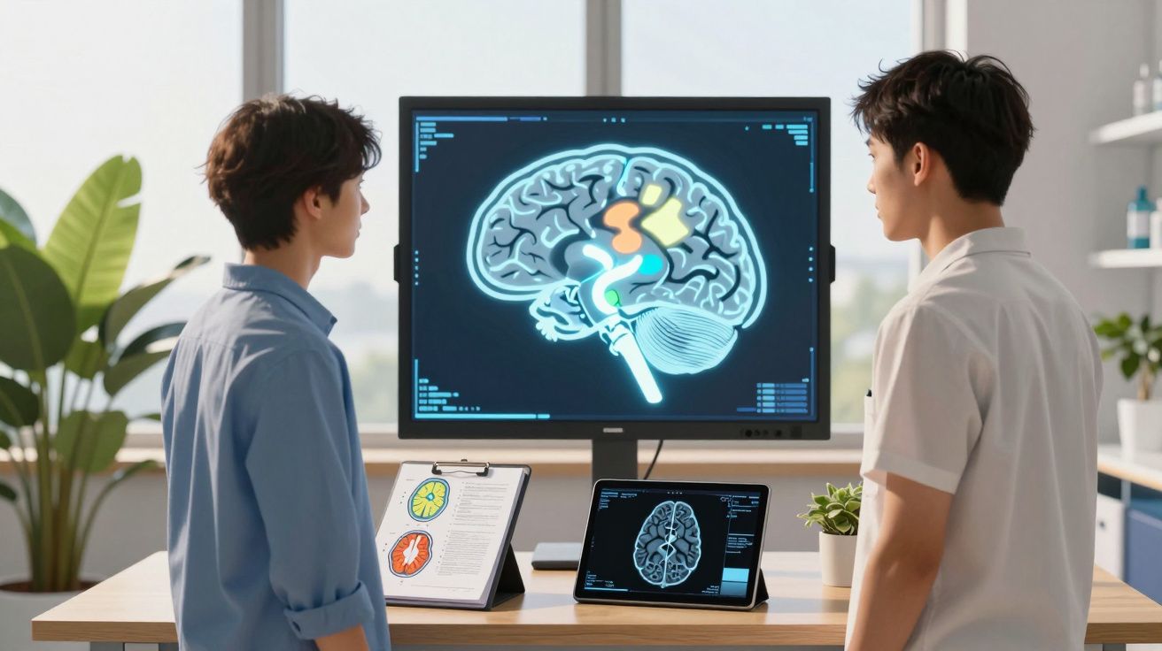 Dois homens analisam imagens digitais do cérebro humano num ambiente moderno e iluminado.