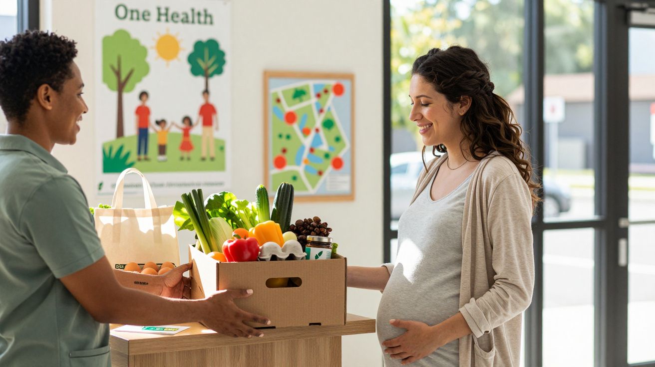 Homem entrega caixa de legumes e frutas a mulher grávida em mercado saudável iluminado pela luz natural.