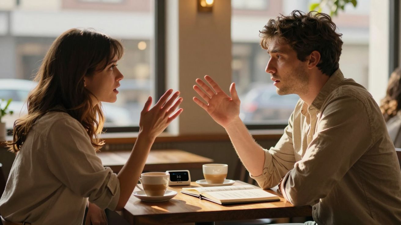 Homem e mulher a conversar de forma animada numa cafetaria com livros e café na mesa.