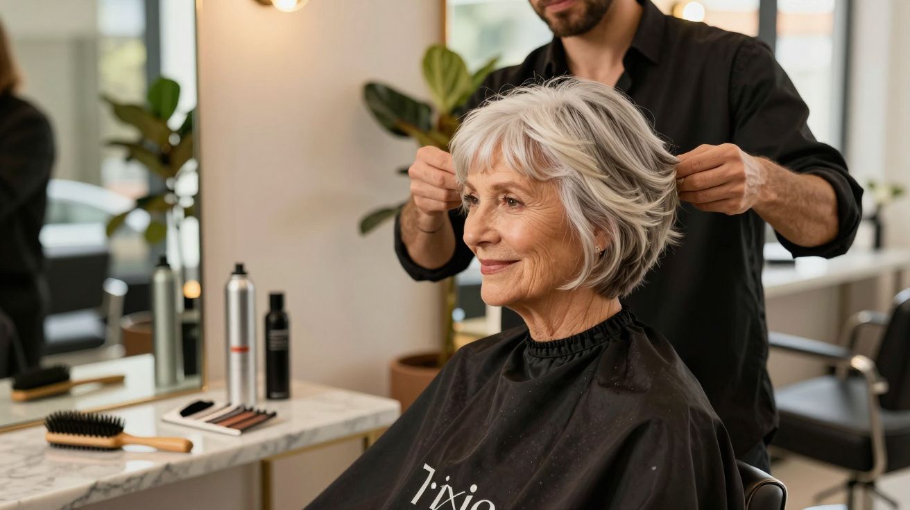 Mulher idosa a sorrir enquanto cabeleireiro ajeita o seu cabelo num salão moderno e iluminado.