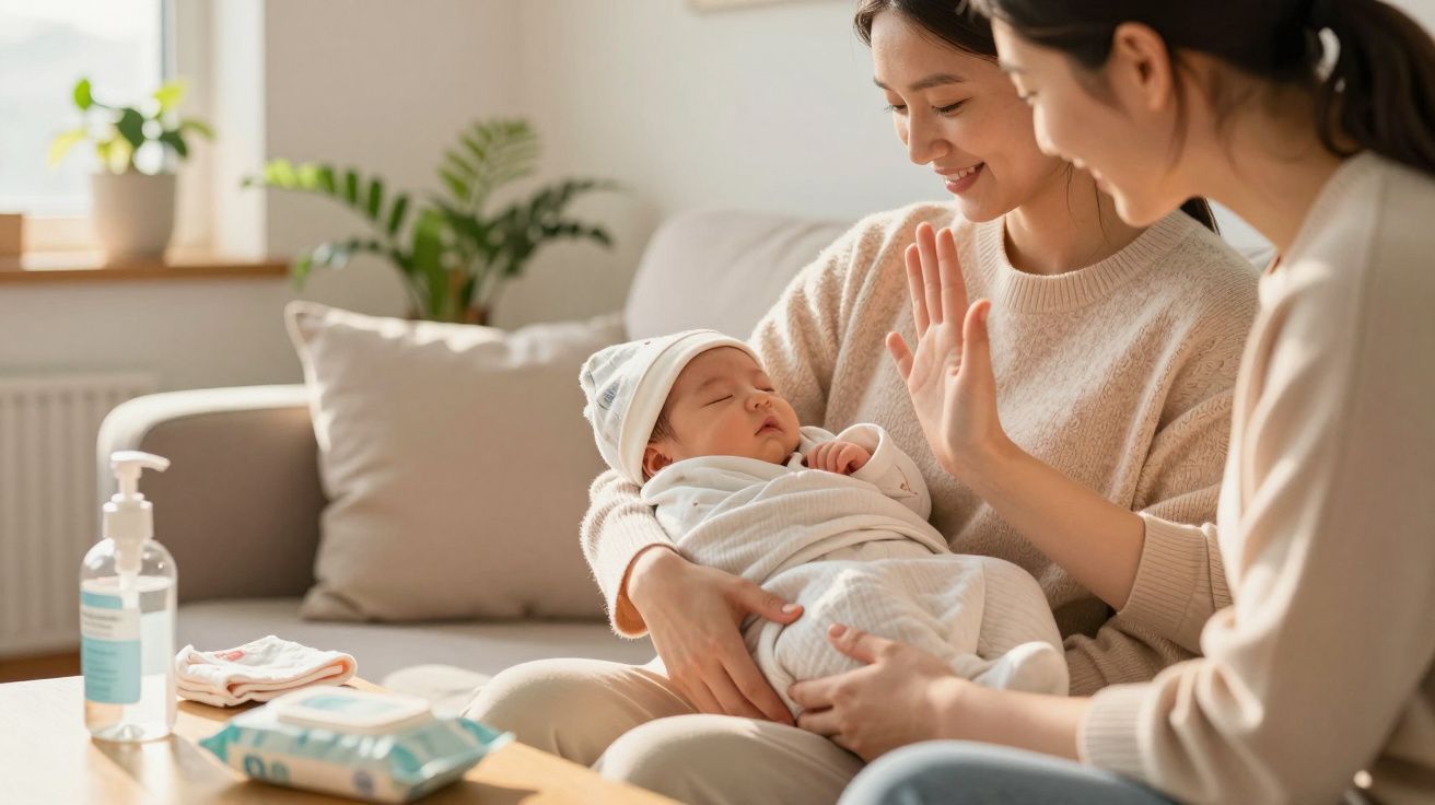 Duas mulheres felizes a olhar e a embalar um bebé adormecido em casa, num ambiente acolhedor e iluminado.