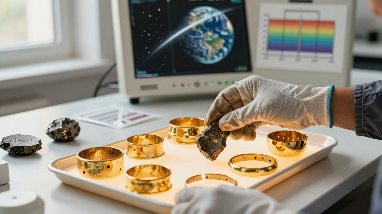 Mão com luva segurando fragmento de meteorito perto de anéis dourados sobre bandeja, com imagem da Terra ao fundo.