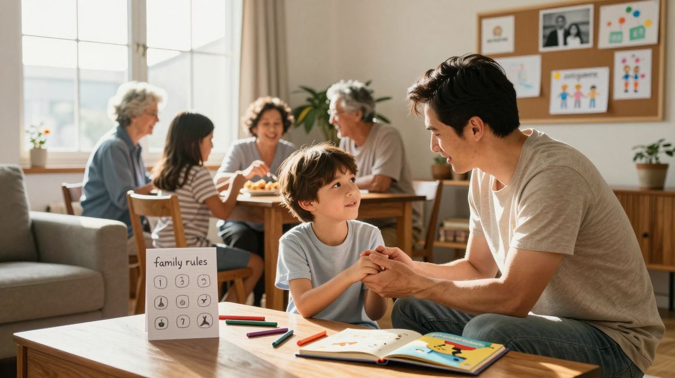 Pai e filho sorridentes a aprender juntos à mesa, com família reunida ao fundo numa sala iluminada.