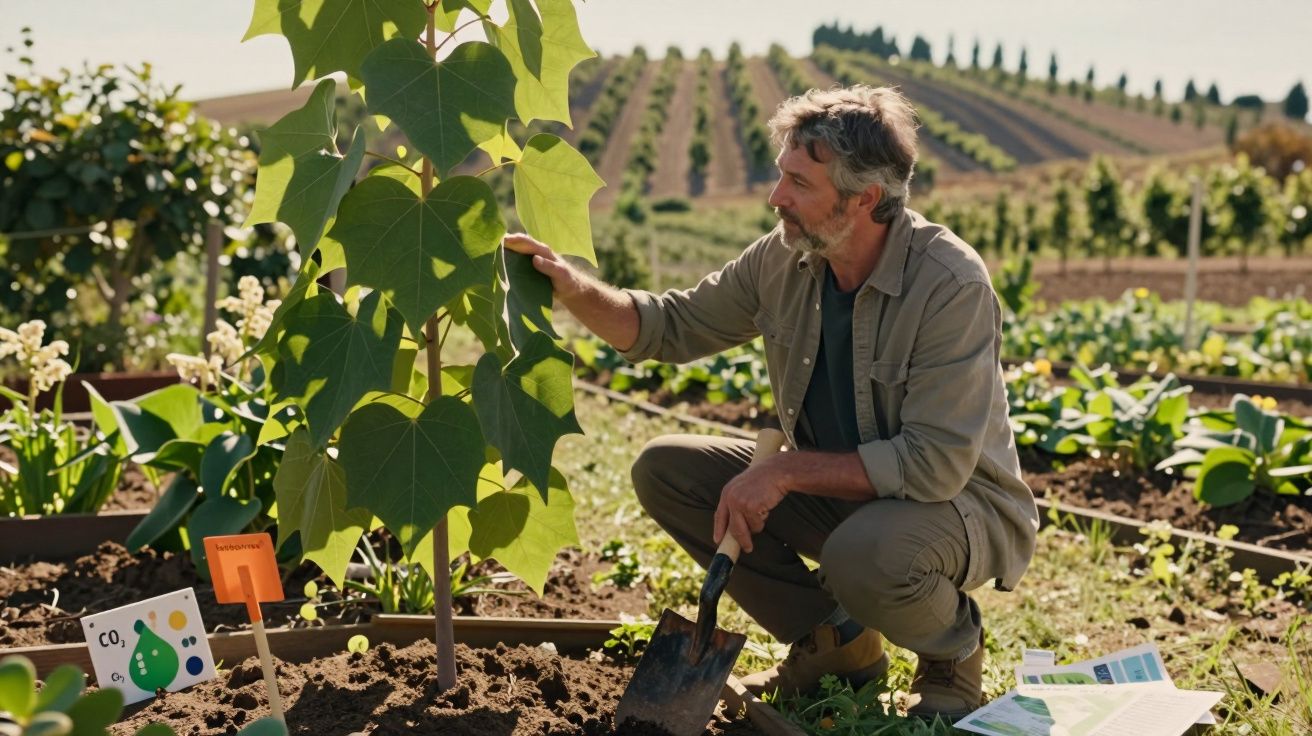 Homem com enxada a cuidar de planta jovem numa horta com campo de cultivo ao fundo.
