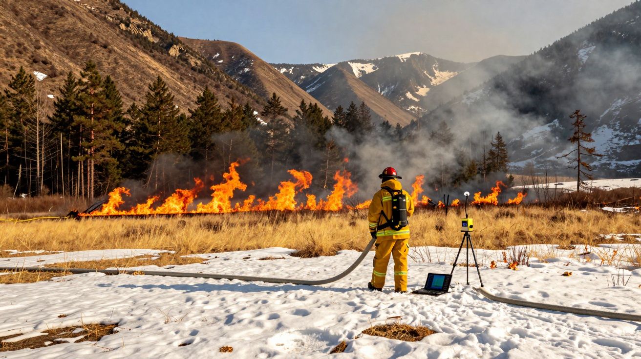 Bombeiro em equipamento a combater incêndio em campo seco com montanhas e neve ao fundo.