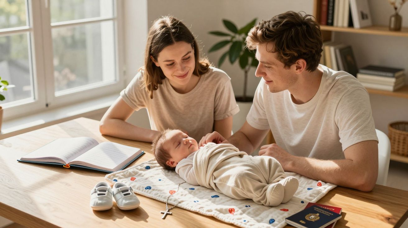 Pais sorridentes a olhar para bebé recém-nascido enrolado em manta sobre mesa com sapatinhos e passaporte.