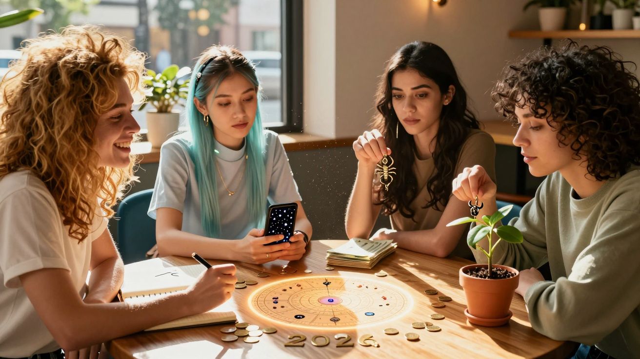 Quatro mulheres jovens jogam tabuleiro astrológico 2026 numa mesa com moedas e planta, num ambiente acolhedor.
