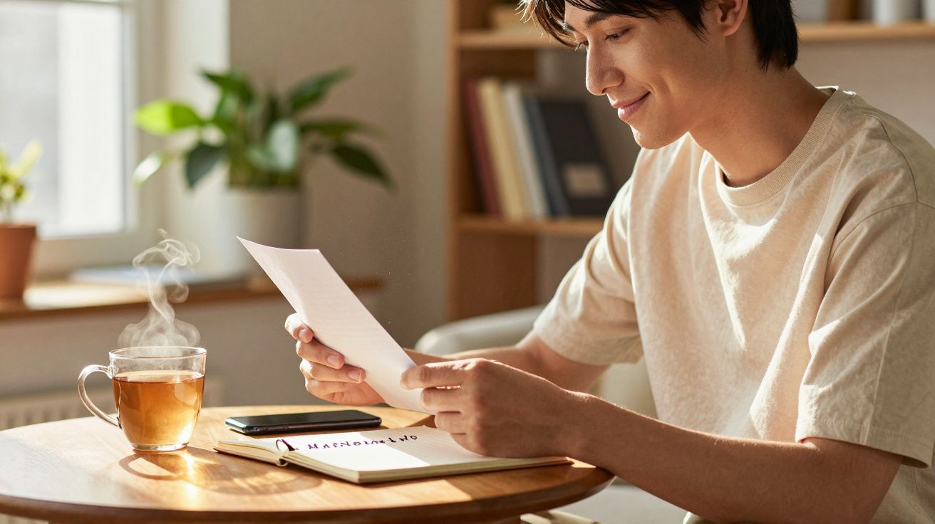 Jovem a ler um papel sentado à mesa com chá quente, caderno e telemóvel num ambiente acolhedor.