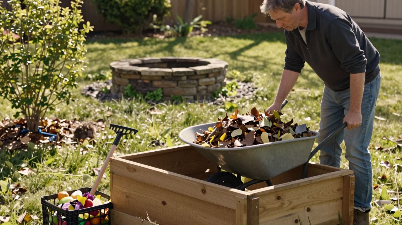 Homem a empurrar carrinho cheio de folhas secas para caixa de compostagem no jardim.