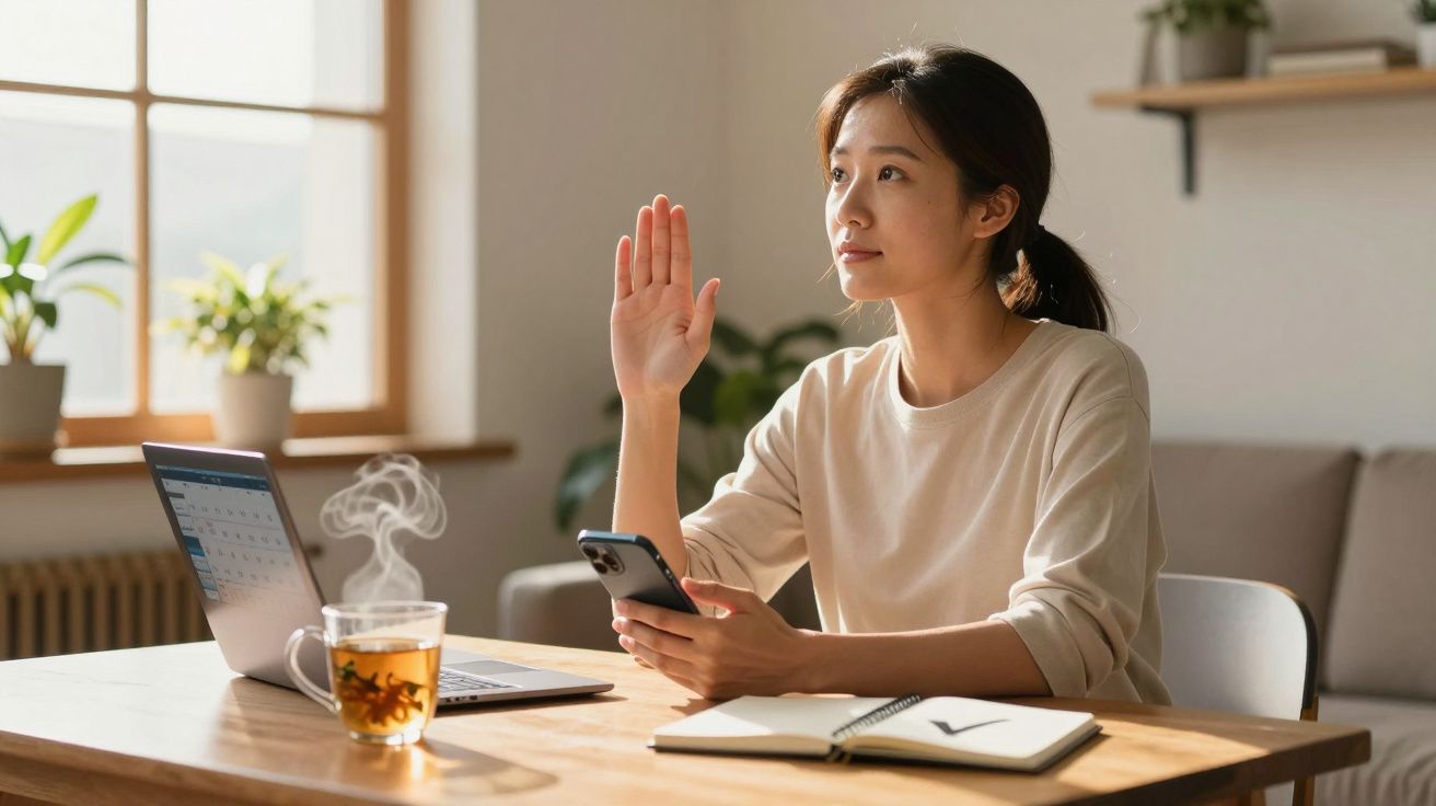 Mulher sentada a trabalhar no computador, com telemóvel na mão e levantando a mão, numa sala iluminada.