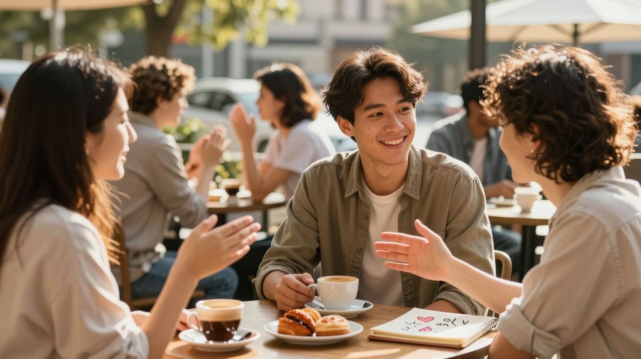 Jovens a conversarem e a beber café numa esplanada em dia solarengo, com bolos na mesa.
