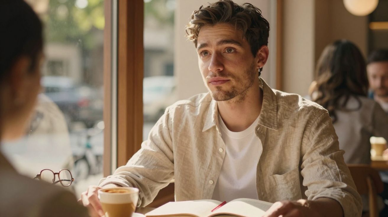 Homem jovem sentado à mesa de café a ler um livro e ouvir outra pessoa com concentração.