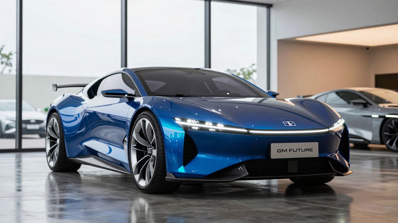 Carro desportivo elétrico azul brilhante com design futurista numa exposição interior moderna.