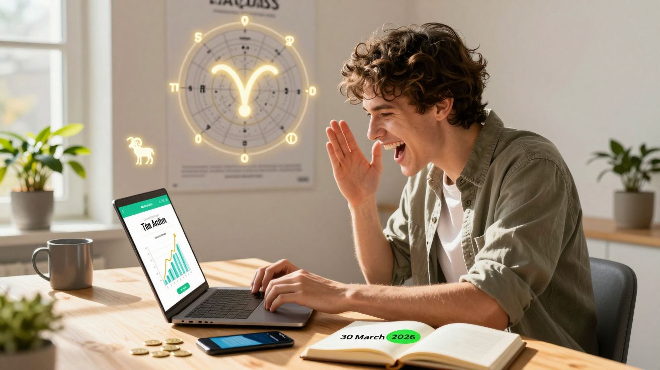 Jovem entusiasmado a estudar astrologia do signo de Áries no computador, com calendário e plantas na mesa.