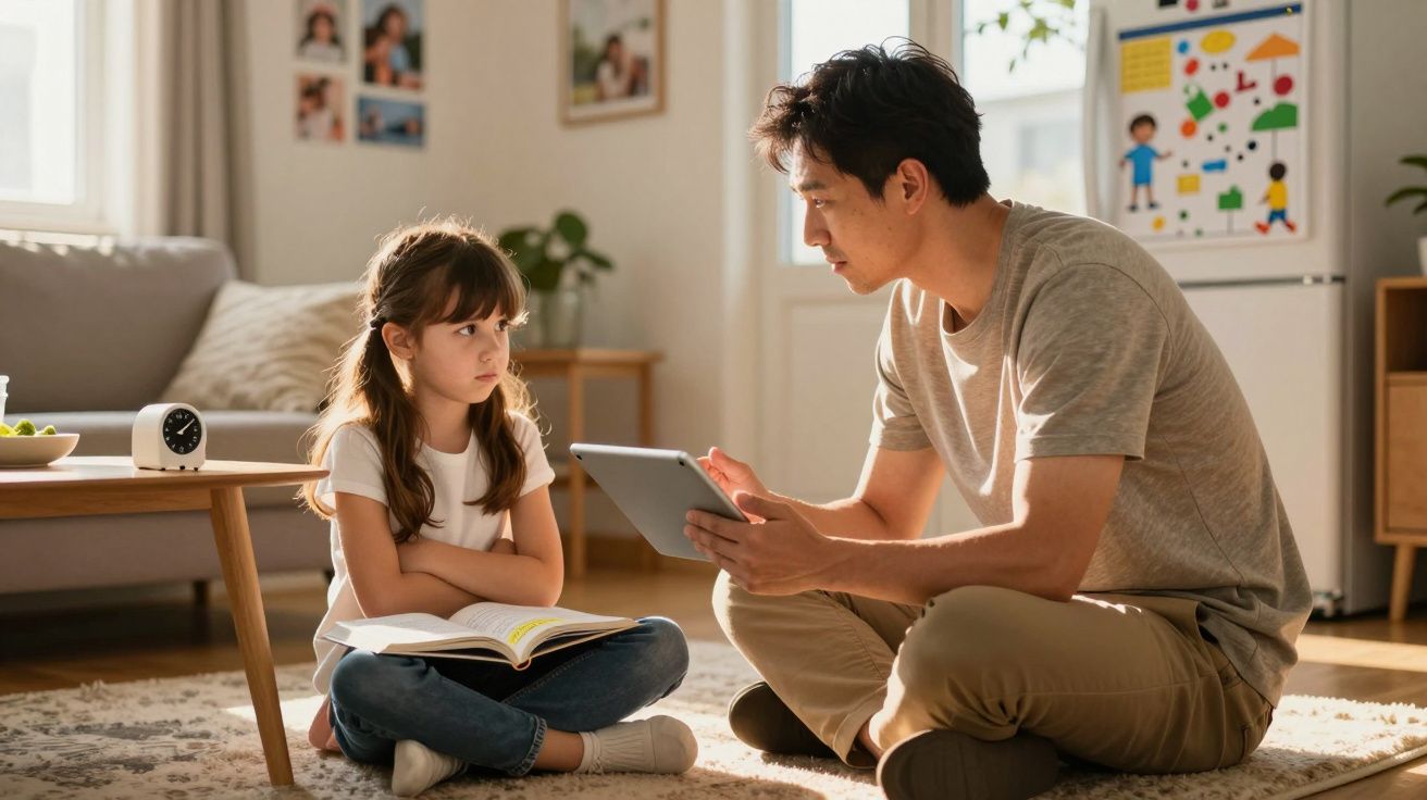 Homem e menina a estudar sentados no chão da sala com livro e tablet, ambiente acolhedor e iluminado.