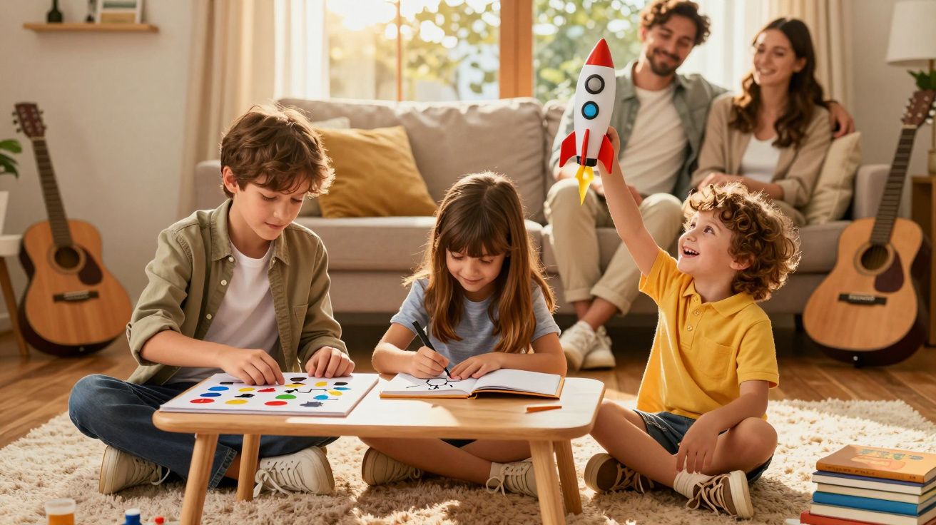 Crianças sentadas no chão a desenhar e brincar com um brinquedo de foguetão, com dois adultos sorridentes ao fundo.