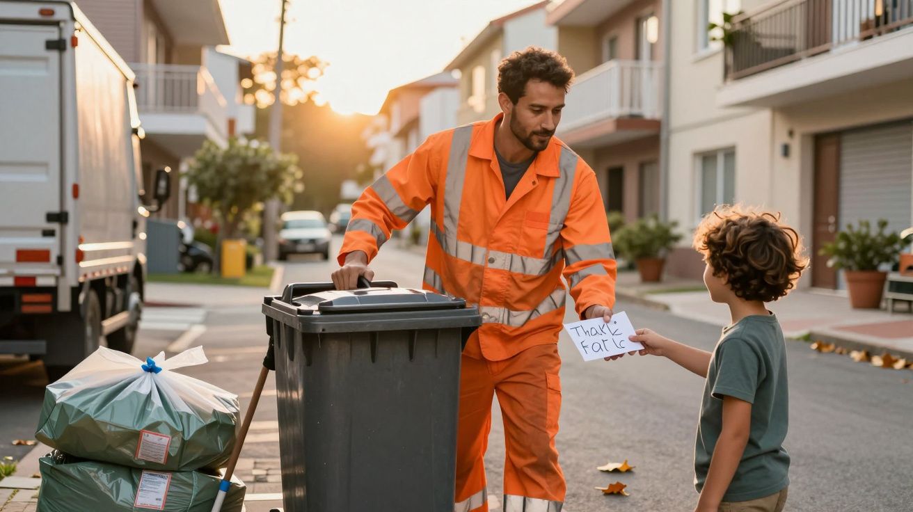 Homem da limpeza urbana em fato laranja recebe cartão de agradecimento de criança numa rua residencial ao pôr do sol.