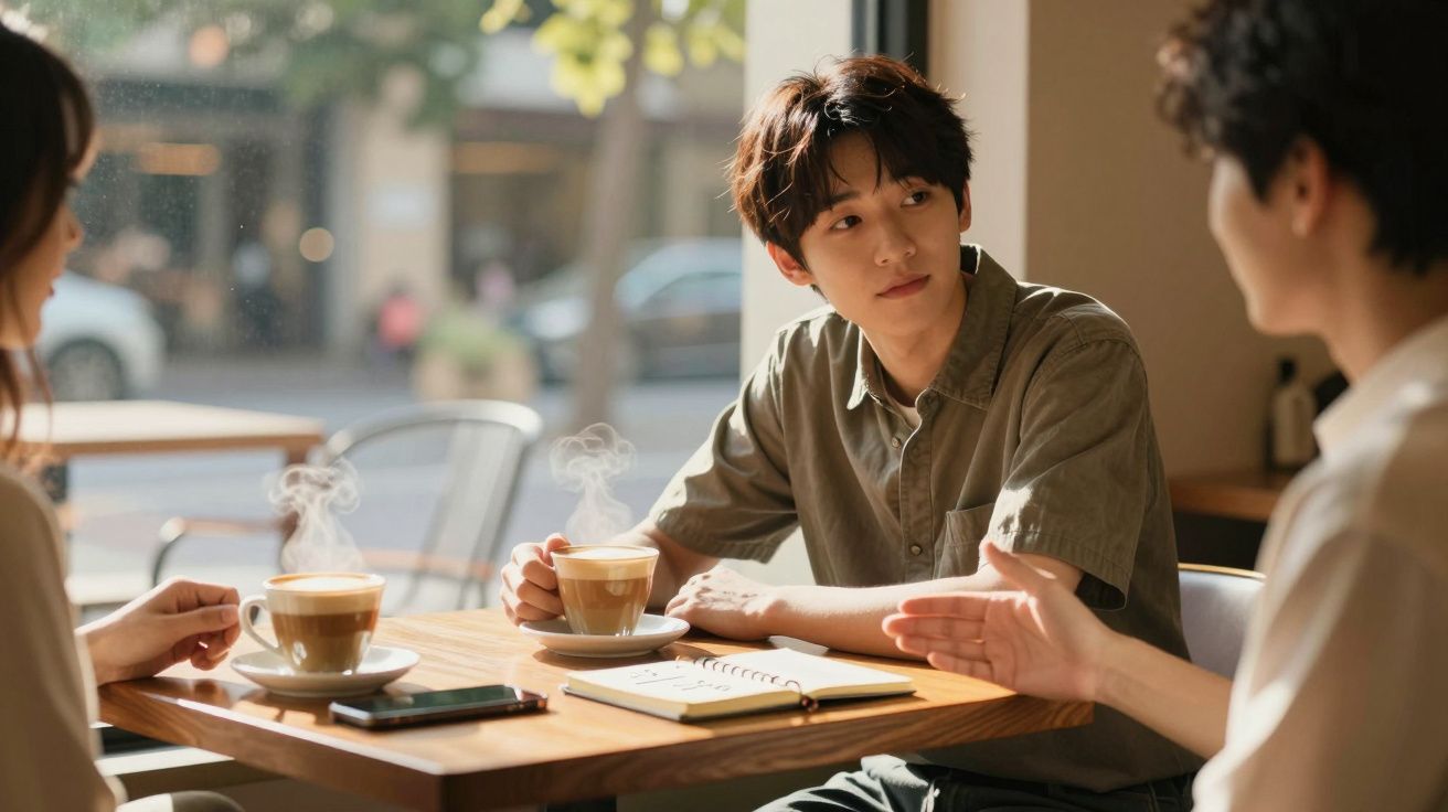 Três pessoas sentadas à mesa num café a conversar, com duas chávenas de café quente e um caderno aberto.