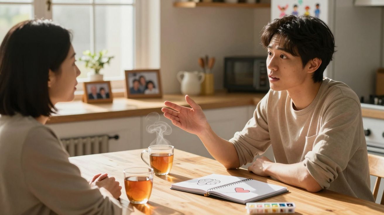 Duas pessoas a conversar à mesa de cozinha com chá e um caderno aberto com desenho de coração.