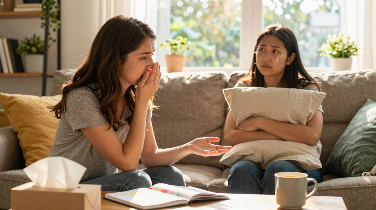 Duas mulheres sentadas no sofá, uma conforta a outra que chora, ambiente acolhedor com luz natural.