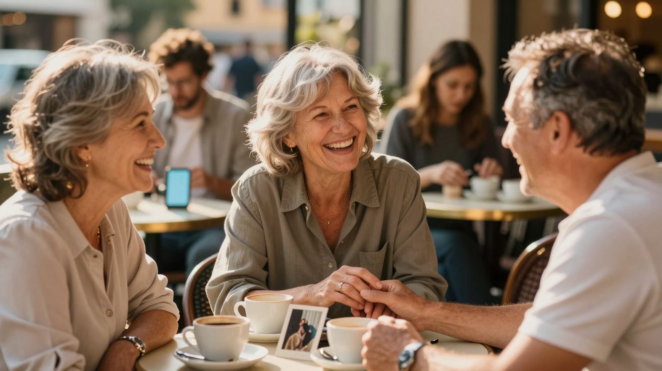 Três adultos séniores sentados à mesa, sorrindo e segurando as mãos, num café ao ar livre.
