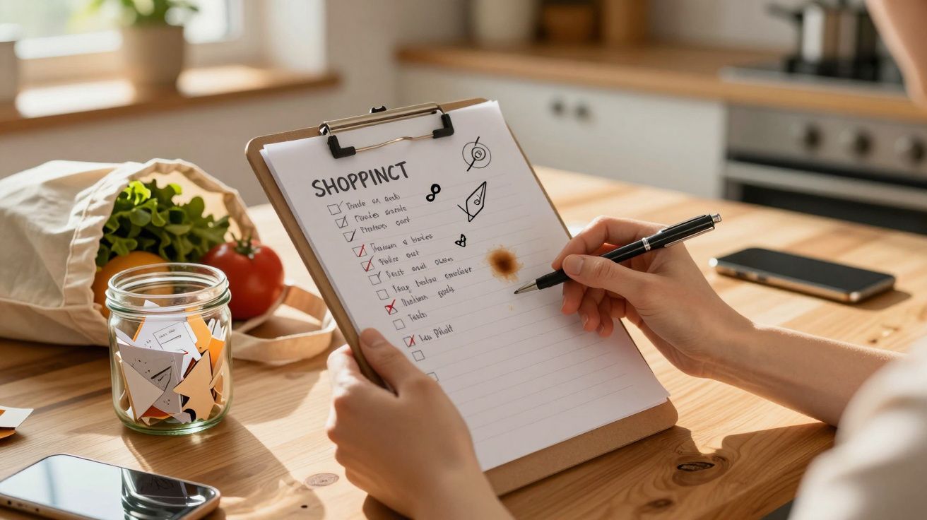 Pessoa a escrever lista de compras num bloco prancheta numa mesa de madeira com legumes ao fundo.