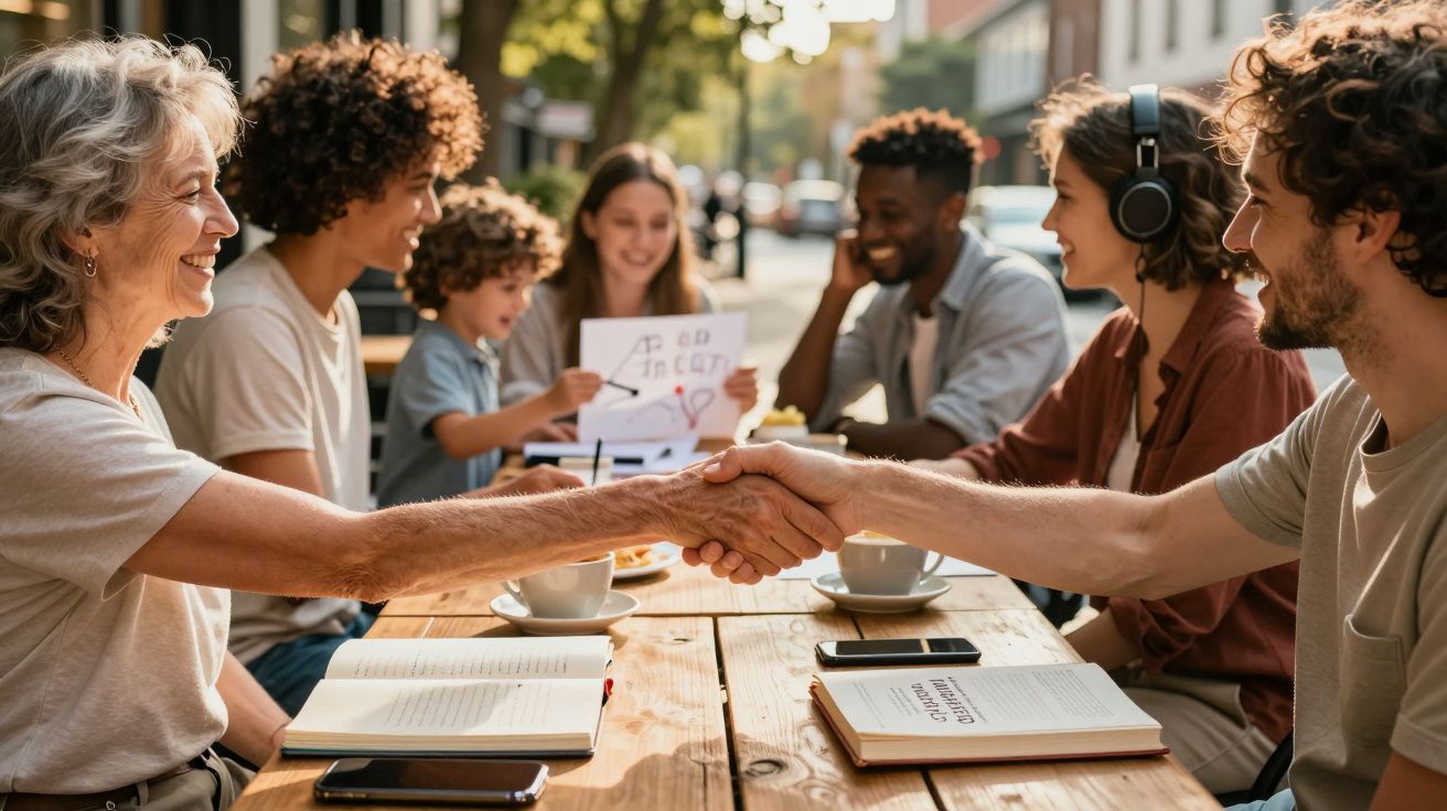 Grupo diversificado de pessoas sentadas à mesa ao ar livre, sorrindo e a dar as mãos em sinal de acordo.