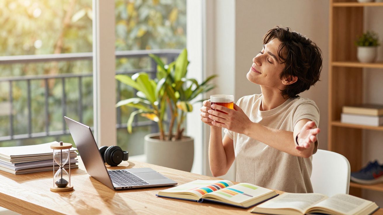 Pessoa sentada a esticar-se e a beber chá junto a uma mesa com livros, computador e ampulheta.