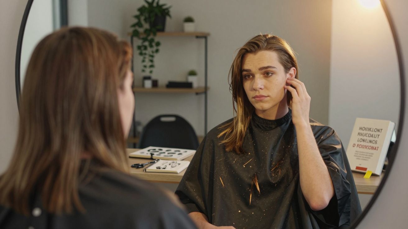 Pessoa jovem com capa preta sentada numa cadeira a olhar para o espelho num salão de cabeleireiro.