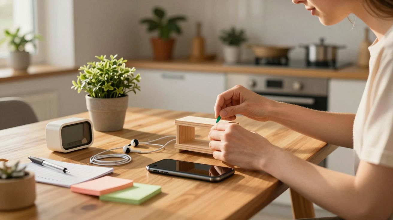Pessoa a fazer trabalhos manuais numa mesa com telemóvel, folhas, auscultadores e plantas na cozinha.