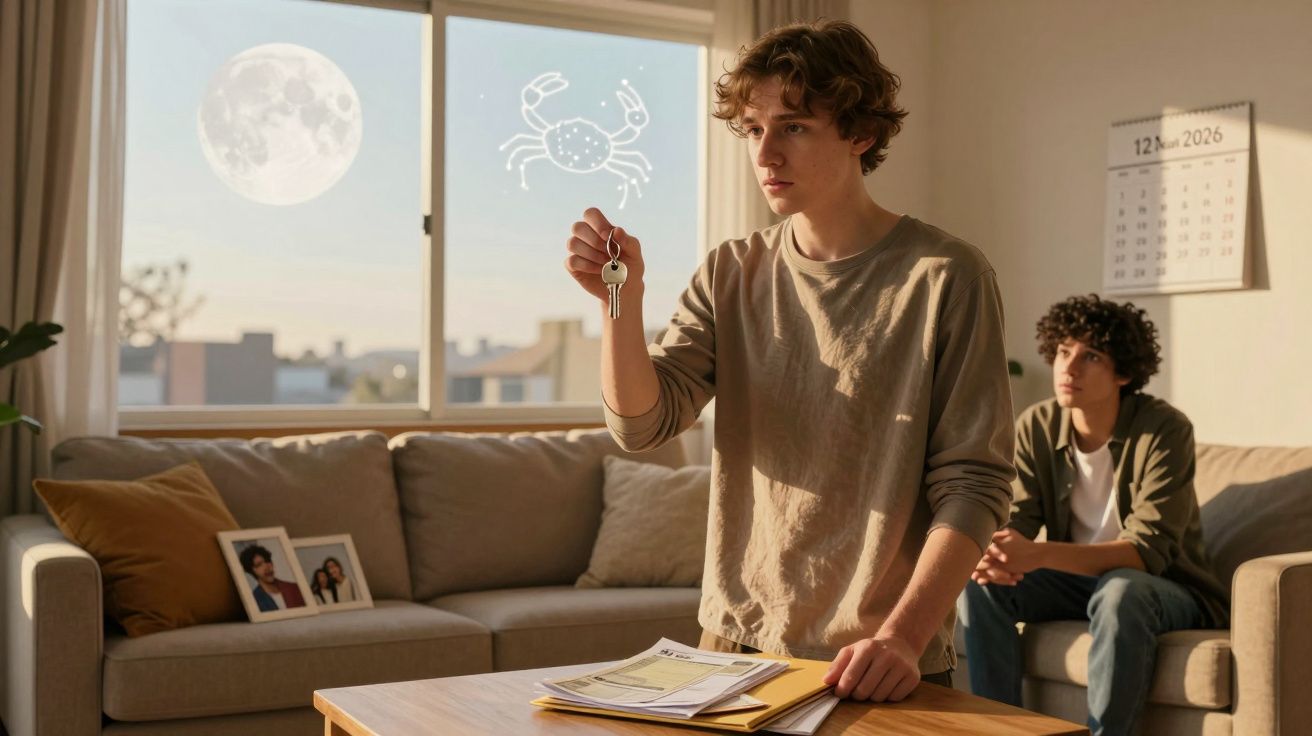 Dois jovens numa sala iluminada, um segura chaves com expressão pensativa, atrás está calendário de 2026.