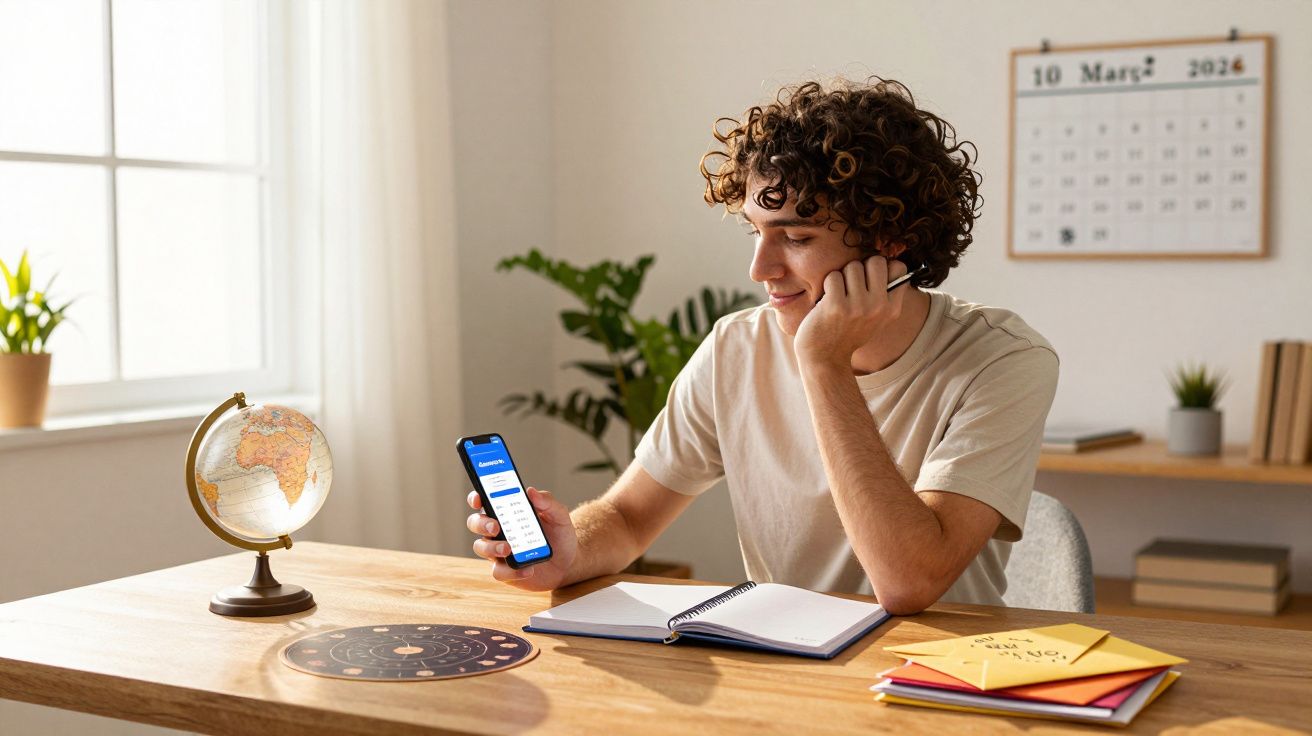 Jovem sentado numa secretária, a olhar para o telemóvel com cadernos e um globo terrestre à sua frente.